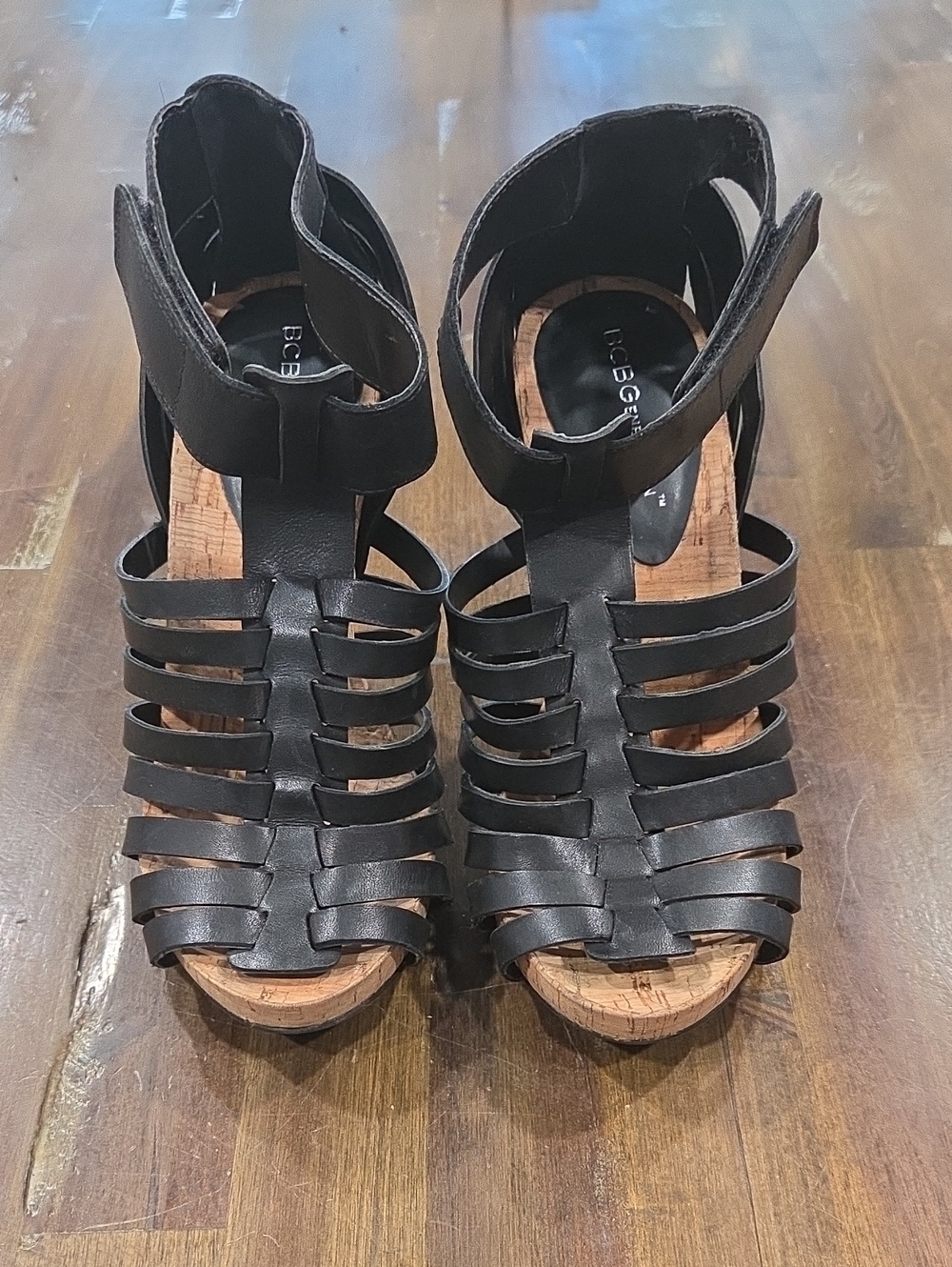 BCBG Black Multi-Strap Cork Wedge Heels